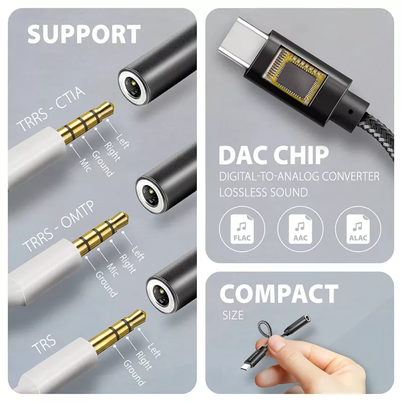 Axagon ADA-HC Adaptador de audio USB-C a jack de 3,5 mm – DAC Hi-Res, 384 kHz/32 Bit, Estéreo
