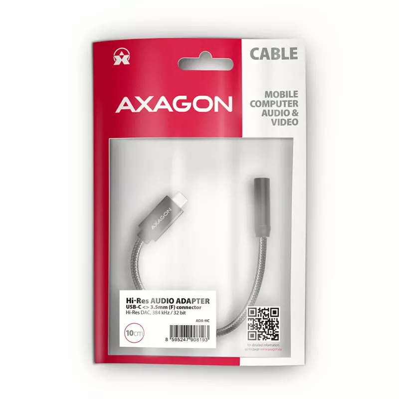 Axagon ADA-HC Adaptador de audio USB-C a jack de 3,5 mm – DAC Hi-Res, 384 kHz/32 Bit, Estéreo