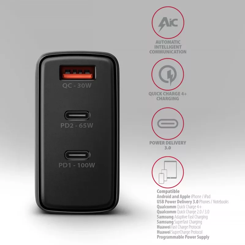 Axagon ACU-DPQ100 PD3.0 & QC 4+ THREE OUTPUTS Cargador de pared 100W