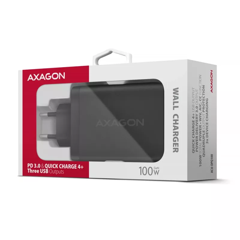 Axagon ACU-DPQ100 PD3.0 & QC 4+ THREE OUTPUTS Cargador de pared 100W