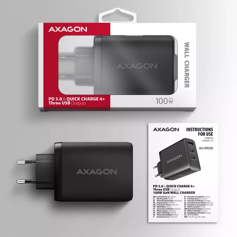 Axagon ACU-DPQ100 PD3.0 & QC 4+ THREE OUTPUTS Cargador de pared 100W