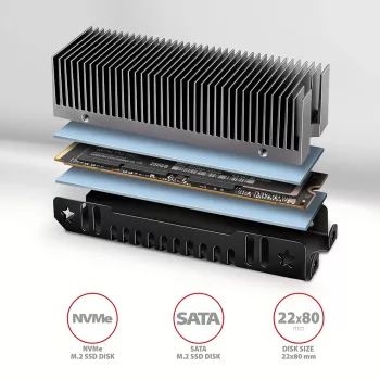 Axagon CLR-M2XT Disipador pasivo de aluminio para SSD M.2 de una y doble cara tamaño 2280, altura 24 mm