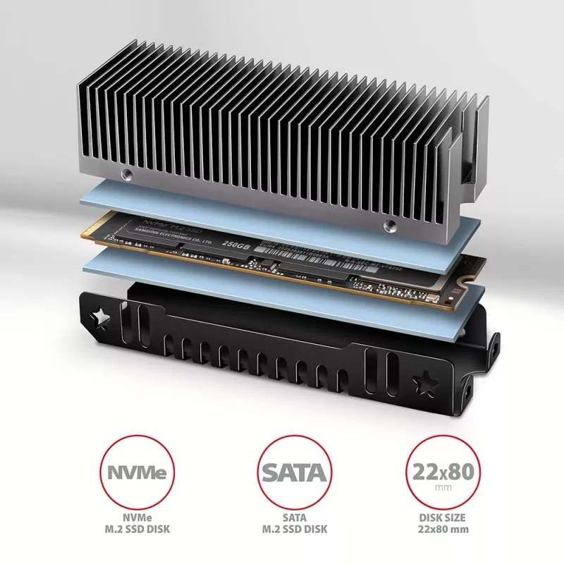 Axagon CLR-M2XT Disipador pasivo de aluminio para SSD M.2 de una y doble cara tamaño 2280, altura 24 mm