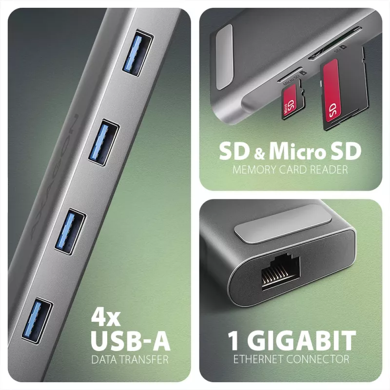 Axagon HMC-10HLS, Hub USB 5Gbps, 4x USB-A, HDMI 4k/60Hz, RJ-45, SD/microSD, PD 100W