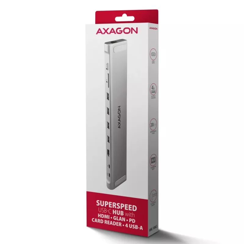 Axagon HMC-10HLS, Hub USB 5Gbps, 4x USB-A, HDMI 4k/60Hz, RJ-45, SD/microSD, PD 100W
