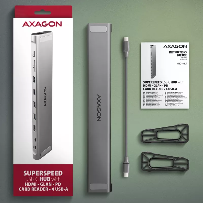 Axagon HMC-10HLS, Hub USB 5Gbps, 4x USB-A, HDMI 4k/60Hz, RJ-45, SD/microSD, PD 100W