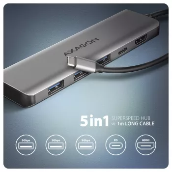 Axagon HMC-5H Hub USB 5Gbps, 3x USB-A, HDMI 4K/30Hz, PD 100W, cable USB-C de 100cm