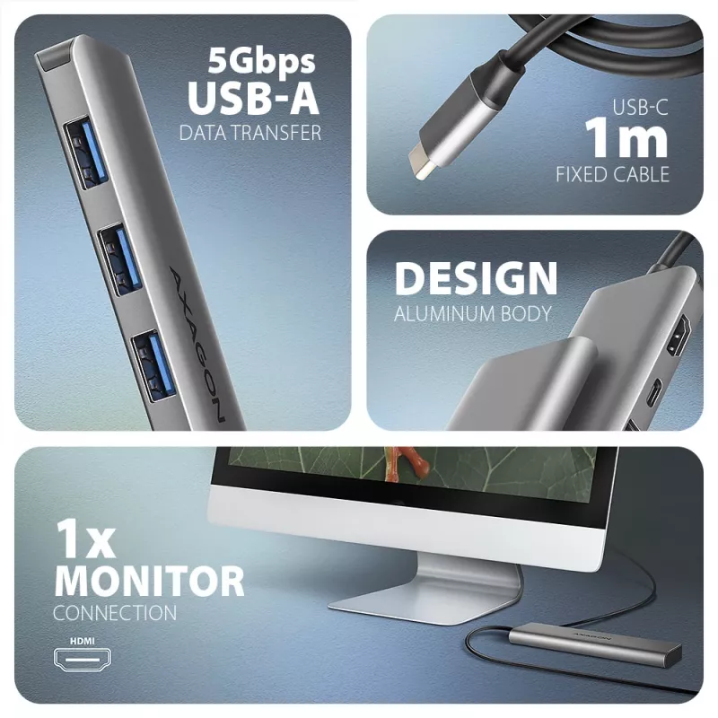 Axagon HMC-5H Hub USB 5Gbps, 3x USB-A, HDMI 4K/30Hz, PD 100W, cable USB-C de 100cm