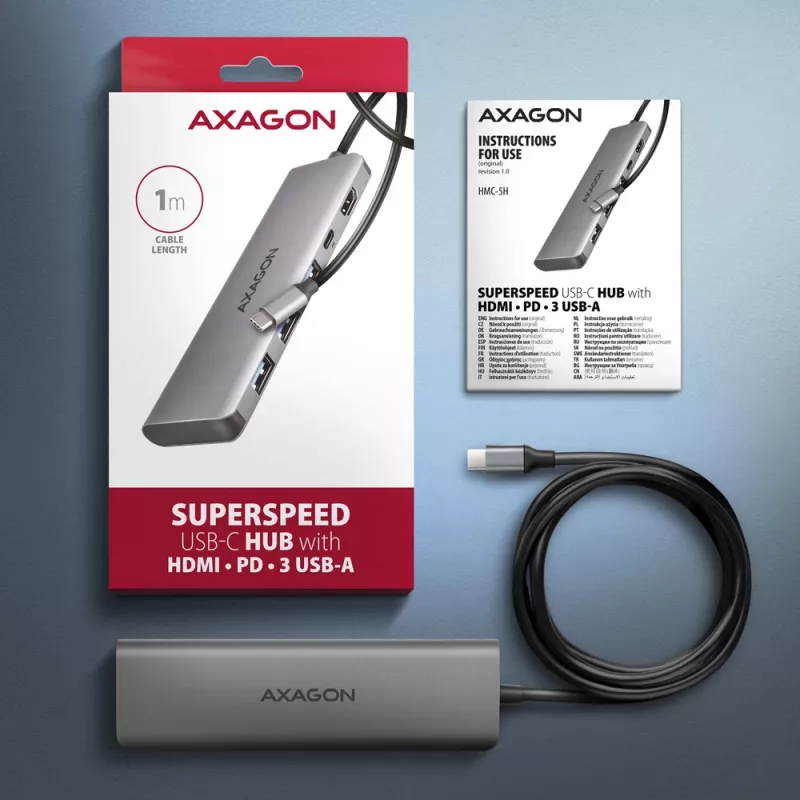 Axagon HMC-5H Hub USB 5Gbps, 3x USB-A, HDMI 4K/30Hz, PD 100W, cable USB-C de 100cm