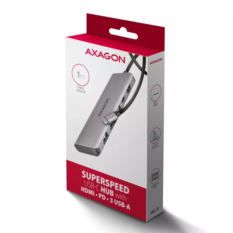 Axagon HMC-5H Hub USB 5Gbps, 3x USB-A, HDMI 4K/30Hz, PD 100W, cable USB-C de 100cm
