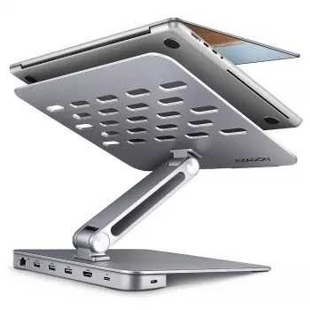 Axagon HMC-STND Hub multipuerto USB-C 5Gbit/s y soporte de aluminio para portátiles. HDMI 4K/60Hz, GLAN, PD y 3 puertos USB-A. Cable USB-C de 60 cm.