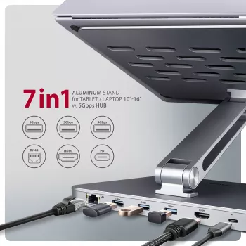 Axagon HMC-STND Hub multipuerto USB-C 5Gbit/s y soporte de aluminio para portátiles. HDMI 4K/60Hz, GLAN, PD y 3 puertos USB-A. Cable USB-C de 60 cm.