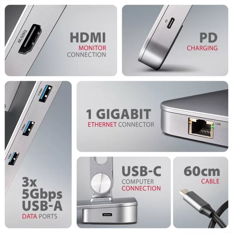 Axagon HMC-STND Hub multipuerto USB-C 5Gbit/s y soporte de aluminio para portátiles. HDMI 4K/60Hz, GLAN, PD y 3 puertos USB-A. Cable USB-C de 60 cm.