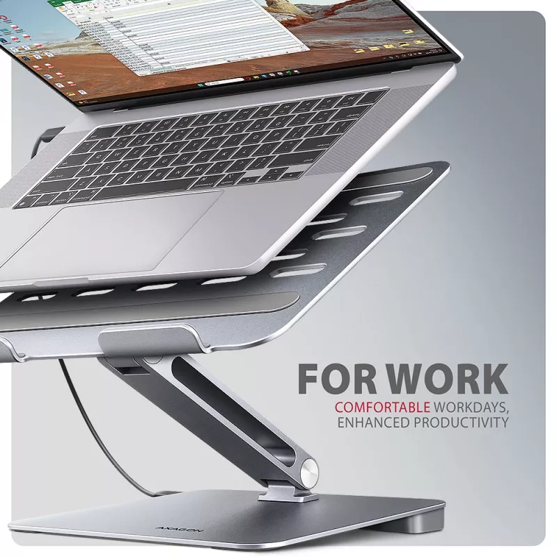 Axagon HMC-STND Hub multipuerto USB-C 5Gbit/s y soporte de aluminio para portátiles. HDMI 4K/60Hz, GLAN, PD y 3 puertos USB-A. Cable USB-C de 60 cm.