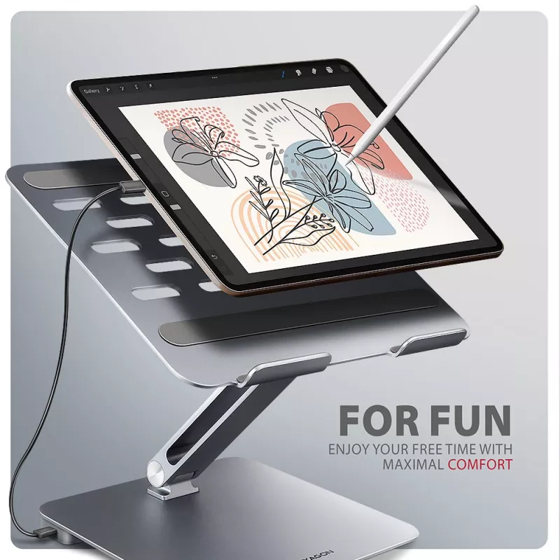 Axagon HMC-STND Hub multipuerto USB-C 5Gbit/s y soporte de aluminio para portátiles. HDMI 4K/60Hz, GLAN, PD y 3 puertos USB-A. Cable USB-C de 60 cm.