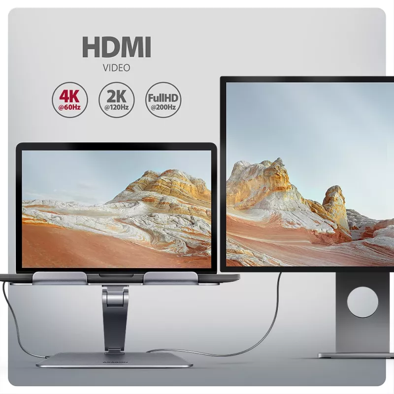Axagon HMC-STND Hub multipuerto USB-C 5Gbit/s y soporte de aluminio para portátiles. HDMI 4K/60Hz, GLAN, PD y 3 puertos USB-A. Cable USB-C de 60 cm.