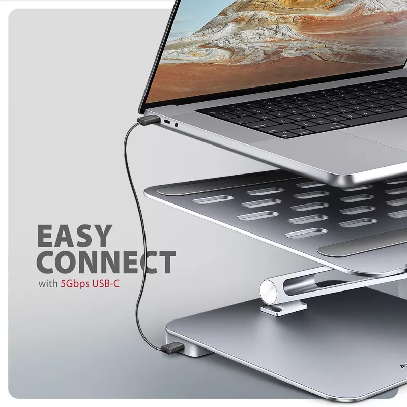 Axagon HMC-STND Hub multipuerto USB-C 5Gbit/s y soporte de aluminio para portátiles. HDMI 4K/60Hz, GLAN, PD y 3 puertos USB-A. Cable USB-C de 60 cm.