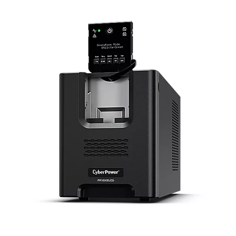 Sistema de alimentación ininterrumpida CYBERPOWER PR1000ELCD — 1 kVA (900 W), Line-Interactive, onda sinusoidal pura, 8 salidas C13, LCD, batería hot-swap