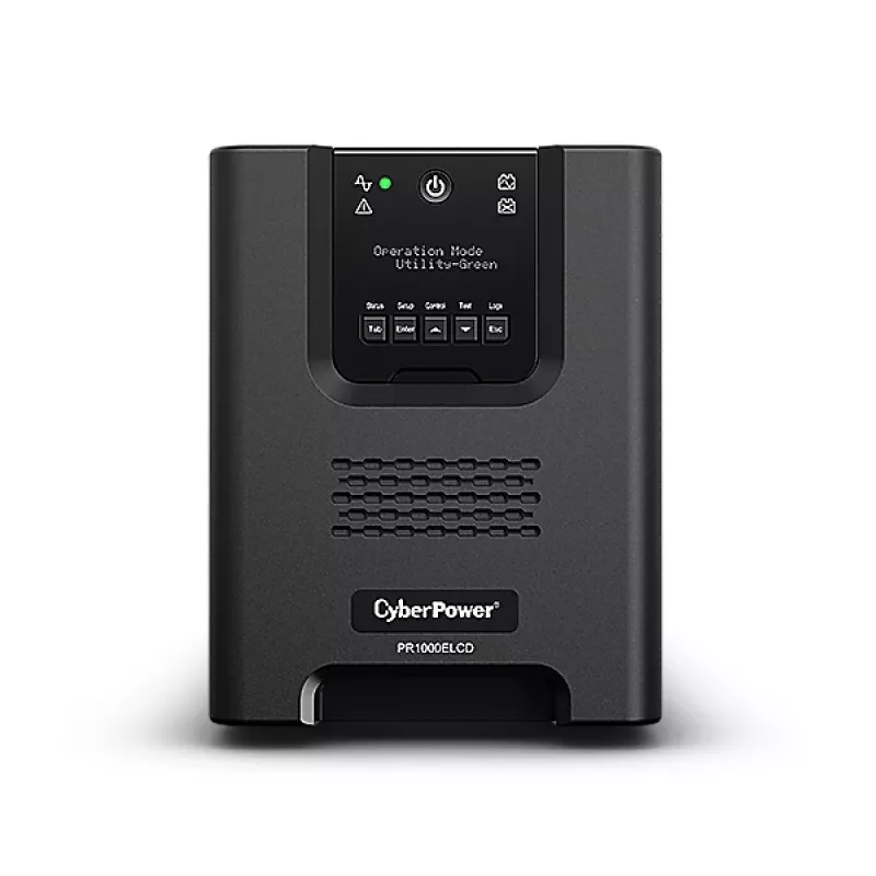 Sistema de alimentación ininterrumpida CYBERPOWER PR1000ELCD — 1 kVA (900 W), Line-Interactive, onda sinusoidal pura, 8 salidas C13, LCD, batería hot-swap