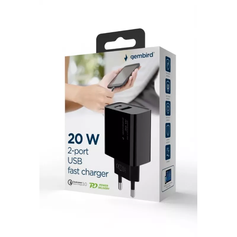 Cargador rápido USB GEMBIRD – 2 puertos Type-A y C, 20 W – negro