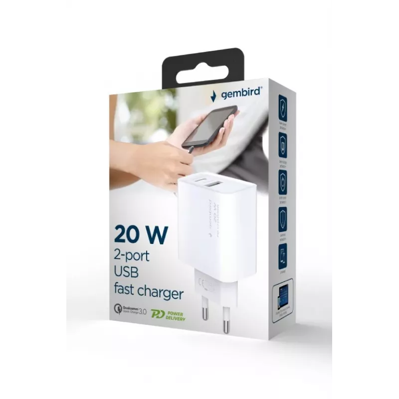 Cargador rápido USB GEMBIRD – Type-A y C 2 puertos 20 W – blanco