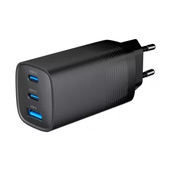 Cargador rápido USB GEMBIRD – Type-A y C 3 puertos 65 W, QC 3.0 y PowerDelivery, GaN – negro
