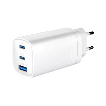 Cargador rápido USB GEMBIRD – Type-A y C, 3 puertos, 65 W, QC 3.0 y PowerDelivery, GaN – blanco