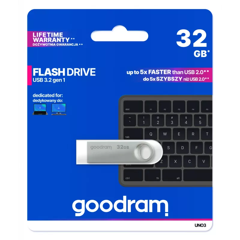 Memoria USB GOODRAM UNO3-0320S0R11 32 GB, USB Type-A, USB 3.2 Gen 1, metal, sin tapa, plata
