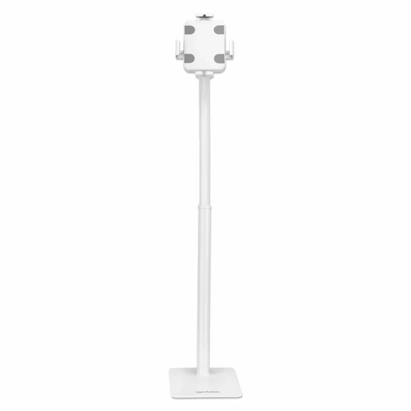 Manhattan soporte de suelo (antirrobo) para tablet y iPad, universal, giro 360°, inclinación +20° a -110°, blanco, con cerradura, tablets de 7,9 inch a 11 inch, altura ajustable de 790 a 1190 mm, pinzas extensibles: alto 200 a 246 mm/ancho 129 a 181 mm, se puede atornillar al suelo (piezas incluidas)