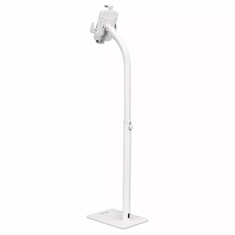 Manhattan soporte de suelo (antirrobo) para tablet y iPad, universal, giro 360°, inclinación +20° a -110°, blanco, con cerradura, tablets de 7,9 inch a 11 inch, altura ajustable de 790 a 1190 mm, pinzas extensibles: alto 200 a 246 mm/ancho 129 a 181 mm, se puede atornillar al suelo (piezas incluidas)