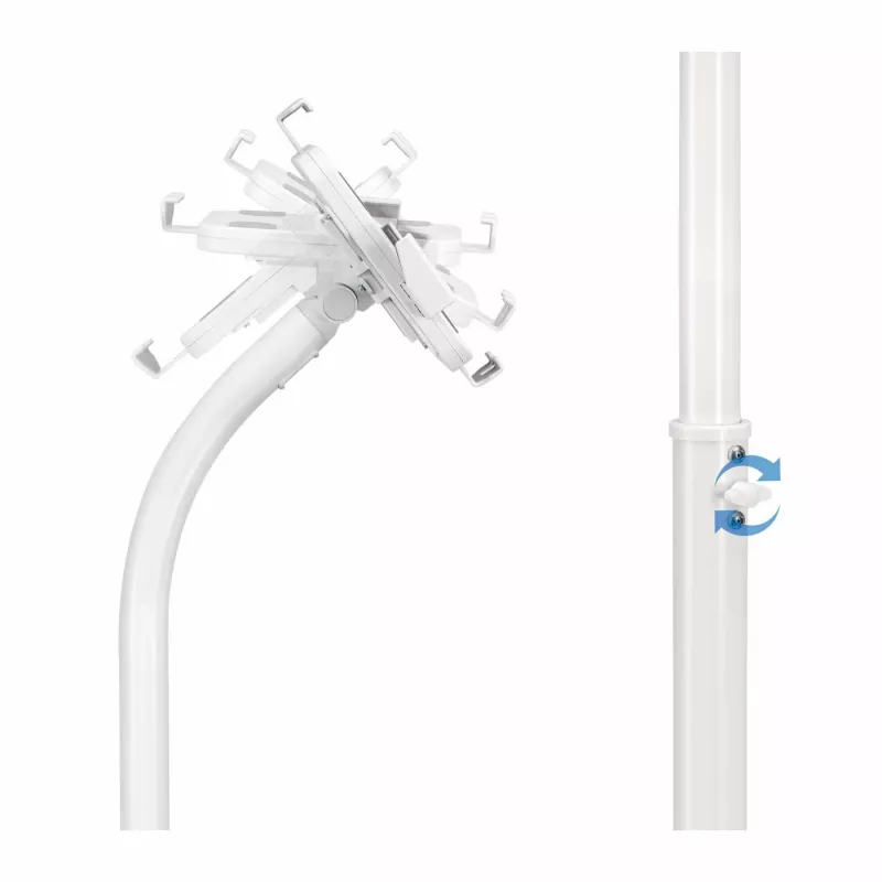 Manhattan soporte de suelo (antirrobo) para tablet y iPad, universal, giro 360°, inclinación +20° a -110°, blanco, con cerradura, tablets de 7,9 inch a 11 inch, altura ajustable de 790 a 1190 mm, pinzas extensibles: alto 200 a 246 mm/ancho 129 a 181 mm, se puede atornillar al suelo (piezas incluidas)