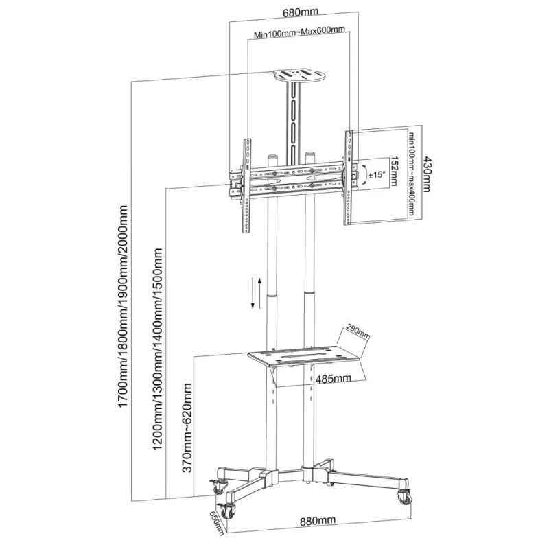 Techly ICA-TR216T soporte móvil con ruedas para TV de 37–70 pulgadas (hasta 177,8 cm), máx. 50 kg, 2 estantes, negro