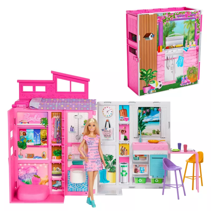 Casa de muñecas Barbie Getaway con muñeca, 4 zonas de juego y 11 accesorios de decoración