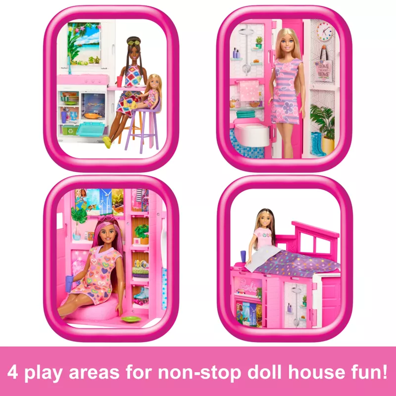 Casa de muñecas Barbie Getaway con muñeca, 4 zonas de juego y 11 accesorios de decoración