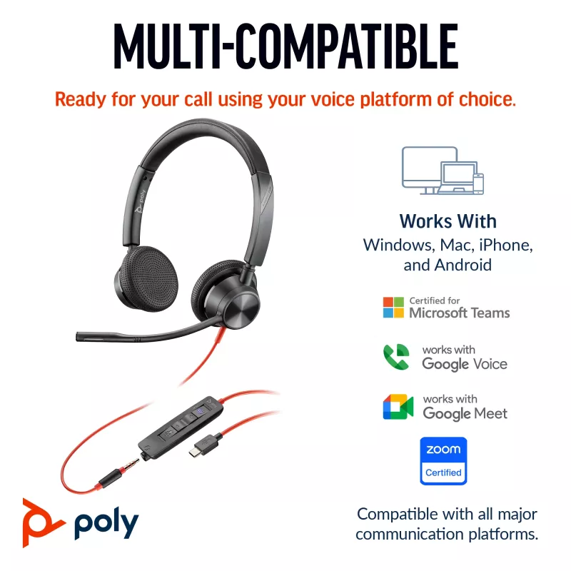 HP Poly Blackwire 3325 auriculares estéreo USB-C + conector de 3,5 mm + adaptador USB-C/A