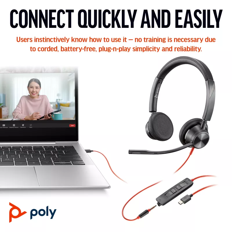 HP Poly Blackwire 3325 auriculares estéreo USB-C + conector de 3,5 mm + adaptador USB-C/A