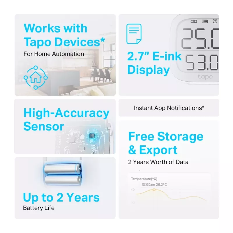 TP-Link Tapo monitor inteligente de temperatura y humedad, interior, sensor de temperatura y humedad, de pie, inalámbrico, -20 - 60 °C, 0 - 99%