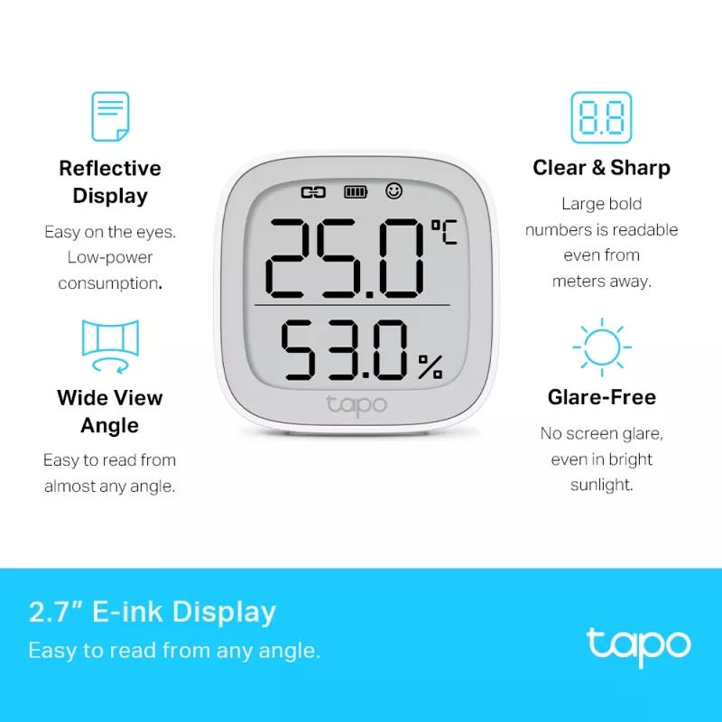 TP-Link Tapo monitor inteligente de temperatura y humedad, interior, sensor de temperatura y humedad, de pie, inalámbrico, -20 - 60 °C, 0 - 99%