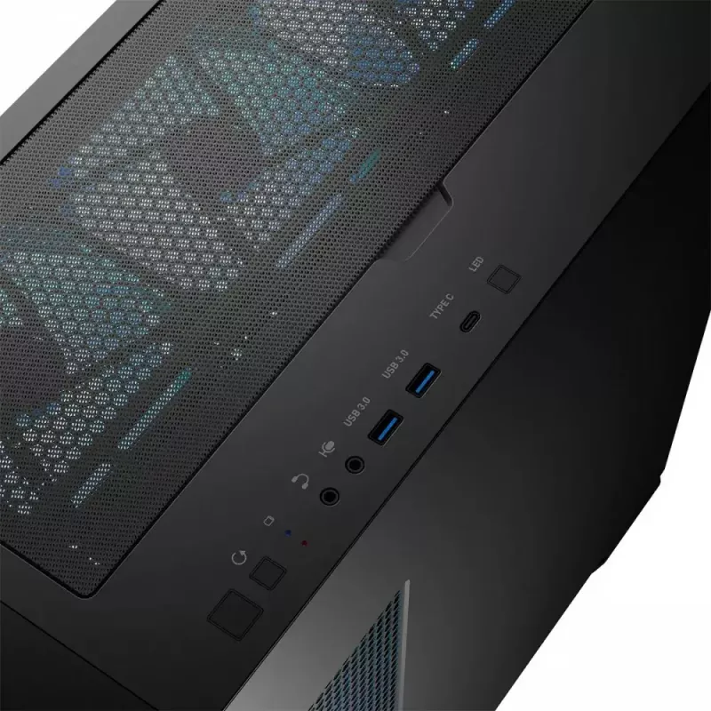 Caja de PC MODECOM Horizon ARGB FLOW MIDI negra — compatibilidad E-ATX, cristal templado, ARGB, USB-C, GPU máx. 400 mm