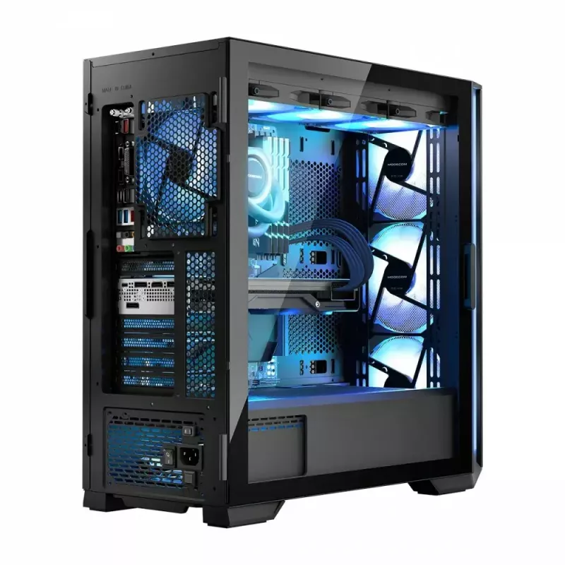 Caja de PC MODECOM Horizon ARGB FLOW MIDI negra — compatibilidad E-ATX, cristal templado, ARGB, USB-C, GPU máx. 400 mm