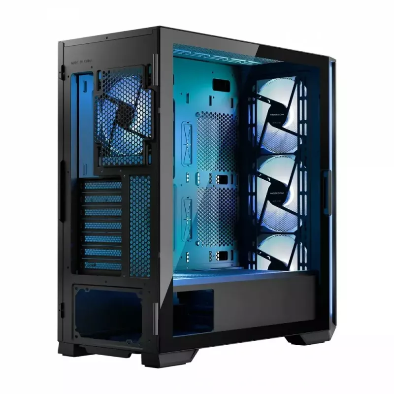 Caja de PC MODECOM Horizon ARGB FLOW MIDI negra — compatibilidad E-ATX, cristal templado, ARGB, USB-C, GPU máx. 400 mm