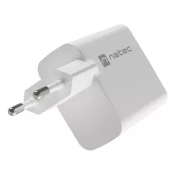 Cargador de CA con cable para dispositivos móviles NATEC NUC-2142, USB-C PD 3.0 + USB-A, 5–20 V hasta 3 A, 45 W, blanco