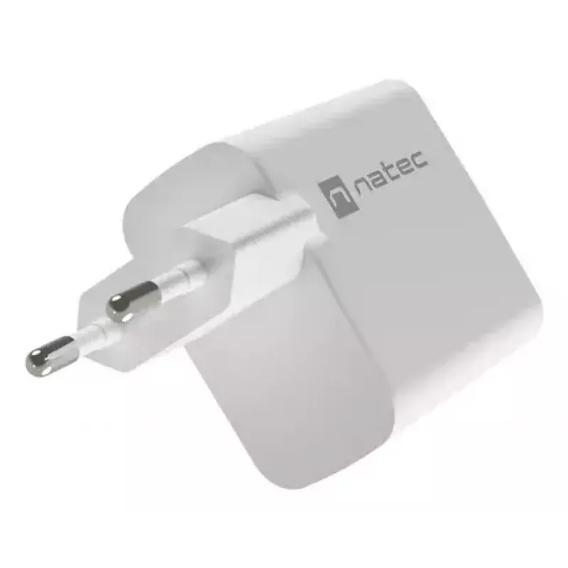 Cargador de CA con cable para dispositivos móviles NATEC NUC-2142, USB-C PD 3.0 + USB-A, 5–20 V hasta 3 A, 45 W, blanco