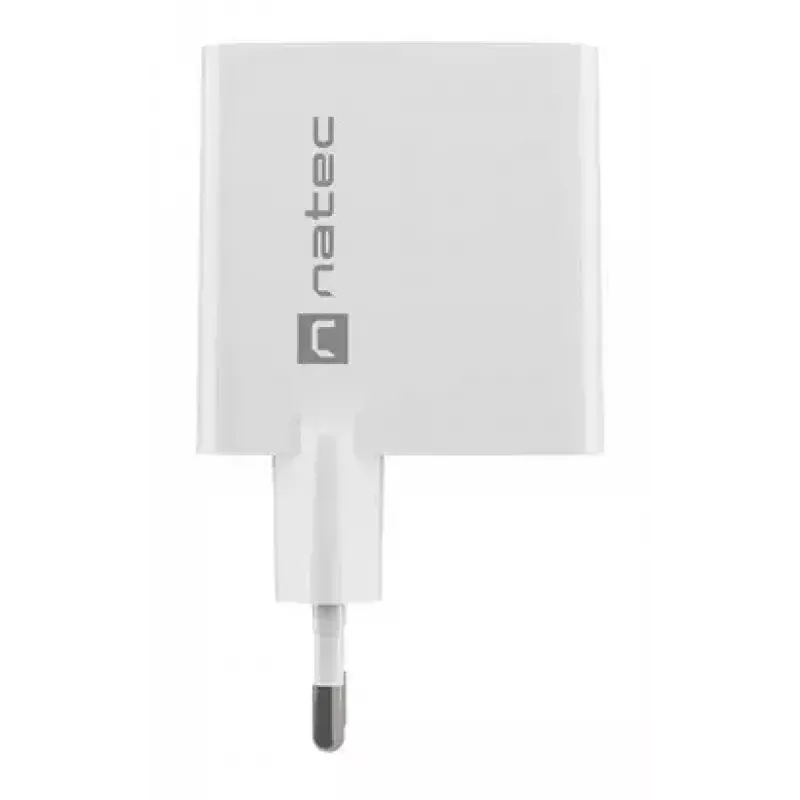 Cargador de CA con cable para dispositivos móviles NATEC NUC-2142, USB-C PD 3.0 + USB-A, 5–20 V hasta 3 A, 45 W, blanco