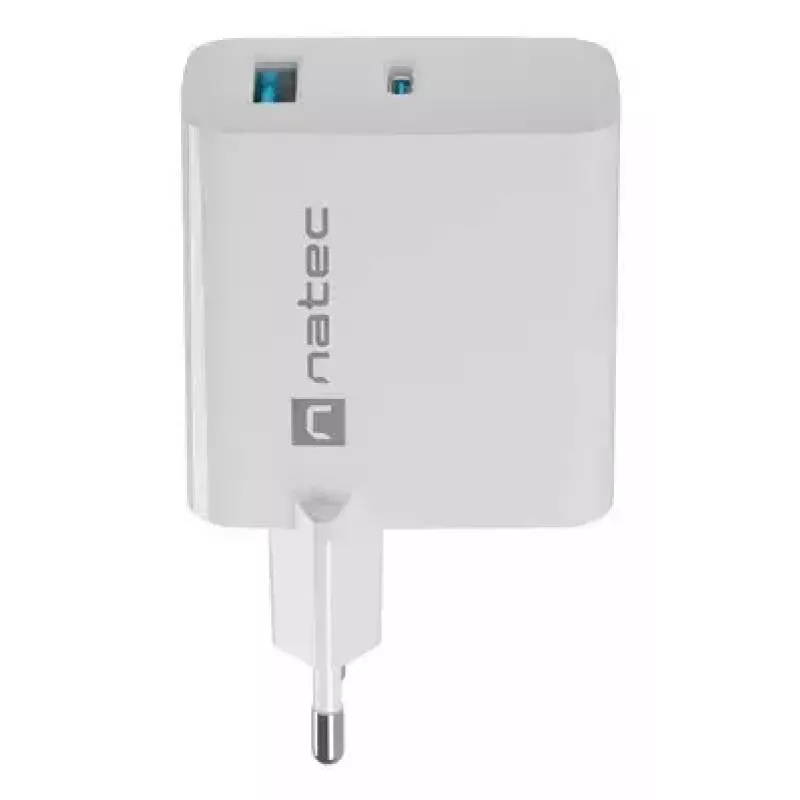 Cargador de CA con cable para dispositivos móviles NATEC NUC-2142, USB-C PD 3.0 + USB-A, 5–20 V hasta 3 A, 45 W, blanco