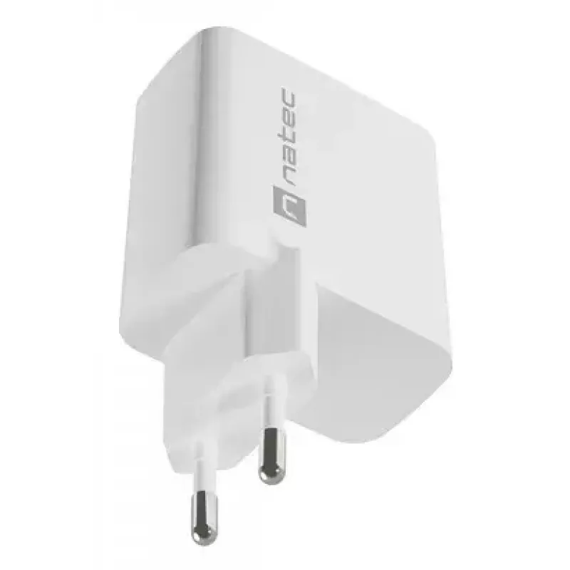Cargador de CA con cable para dispositivos móviles NATEC NUC-2142, USB-C PD 3.0 + USB-A, 5–20 V hasta 3 A, 45 W, blanco