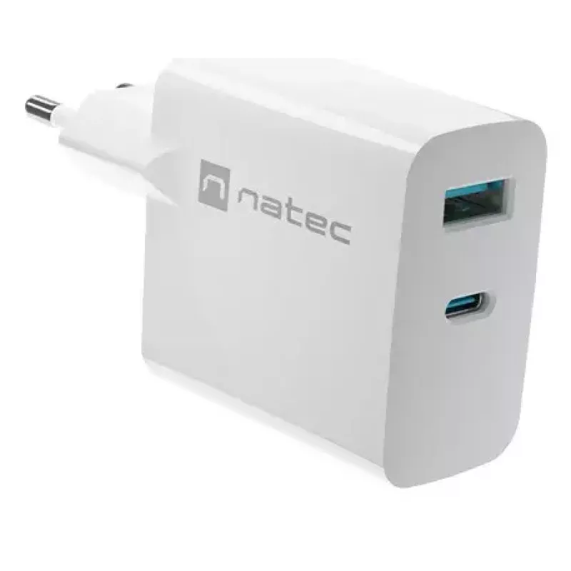 Cargador de CA con cable para dispositivos móviles NATEC NUC-2142, USB-C PD 3.0 + USB-A, 5–20 V hasta 3 A, 45 W, blanco
