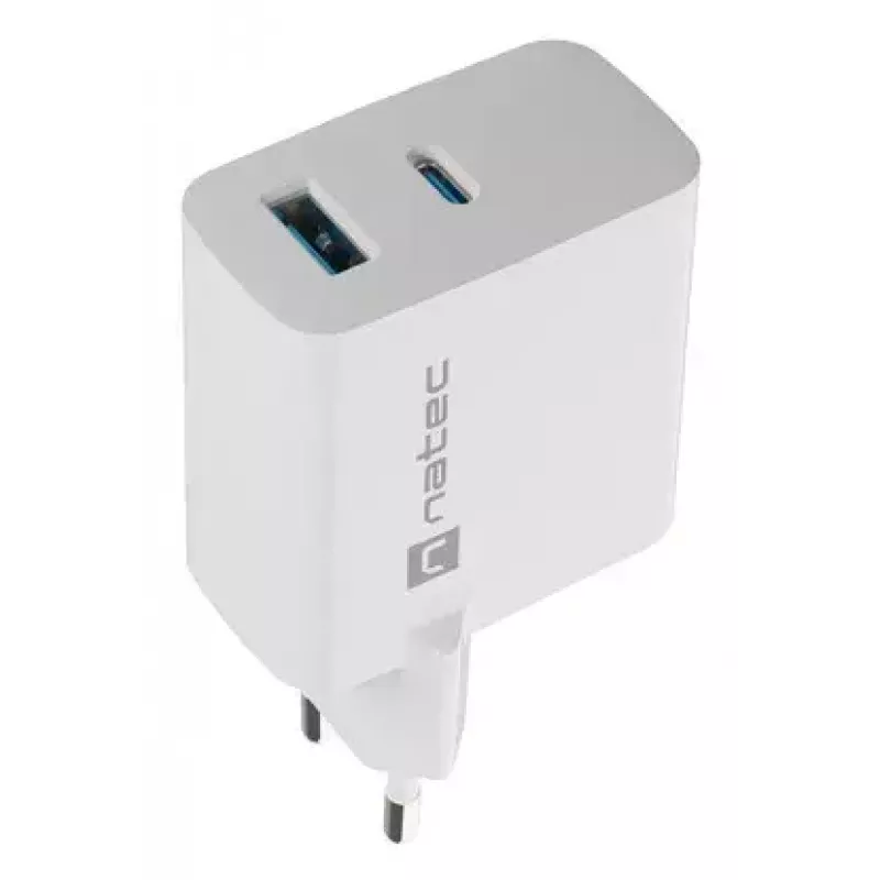 Cargador de CA con cable para dispositivos móviles NATEC NUC-2142, USB-C PD 3.0 + USB-A, 5–20 V hasta 3 A, 45 W, blanco
