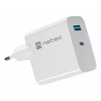 Cargador de CA con cable para dispositivos móviles NATEC NUC-2142, USB-C PD 3.0 + USB-A, 5–20 V hasta 3 A, 45 W, blanco