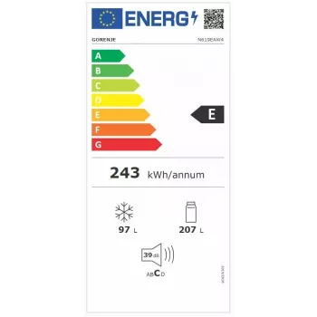Frigorífico-congelador independiente Gorenje N619EAW4 — 304 L de volumen total (207 L frigorífico, 97 L congelador), No Frost, indicador LED, apertura a la derecha, 39 dB